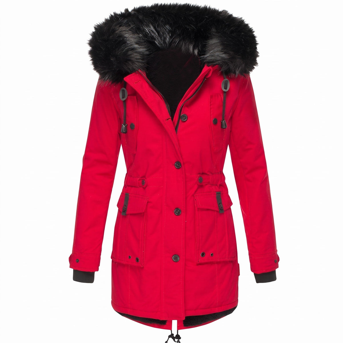 Sophie - Women's Faux Fur Hood Parka Jacket with Drawstring Waist - Coats & Jackets - Red - Sarvento