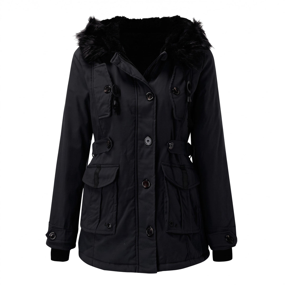 Sophie - Women's Faux Fur Hood Parka Jacket with Drawstring Waist - Coats & Jackets - Black - Sarvento