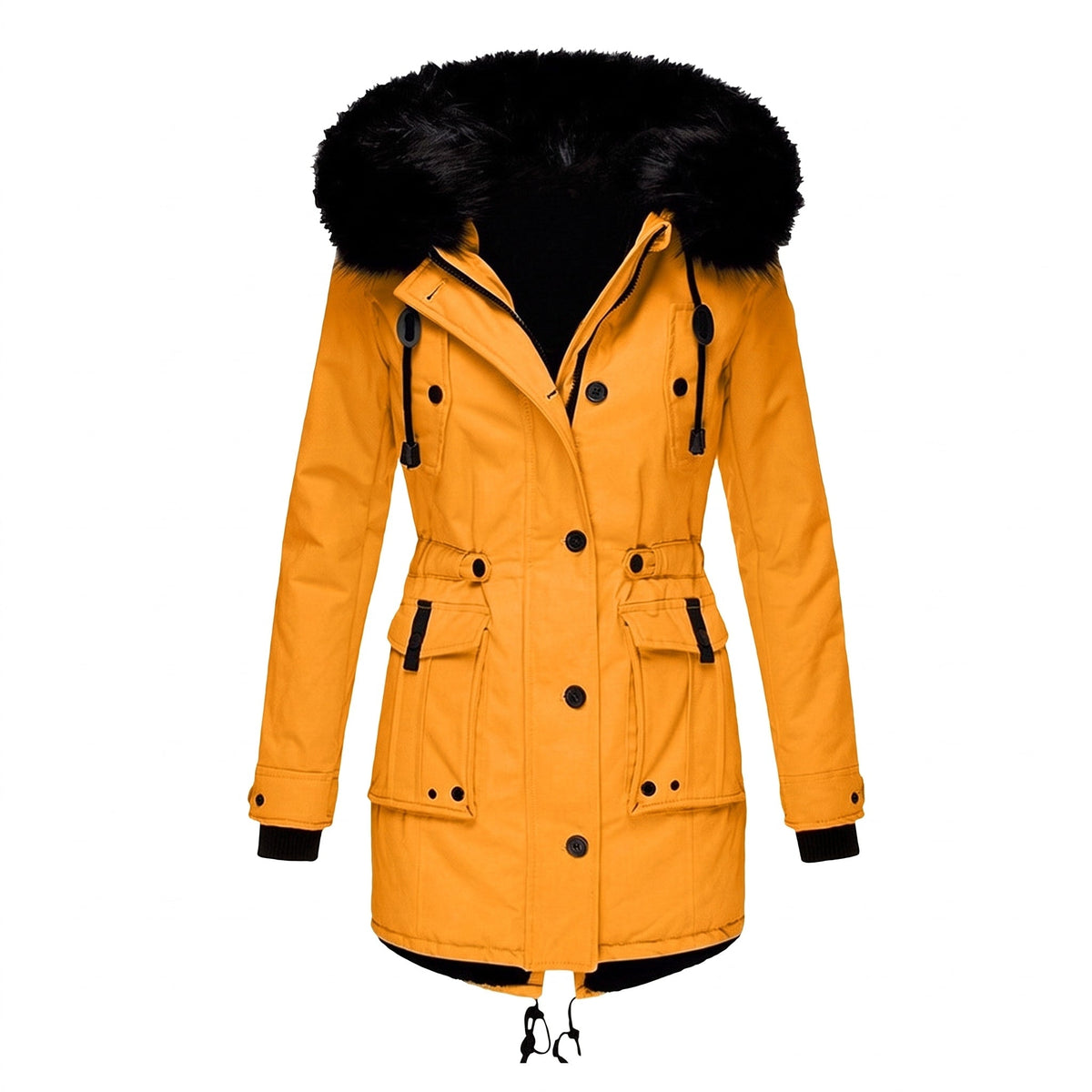 Sophie - Women's Faux Fur Hood Parka Jacket with Drawstring Waist - Coats & Jackets - Gold - Sarvento