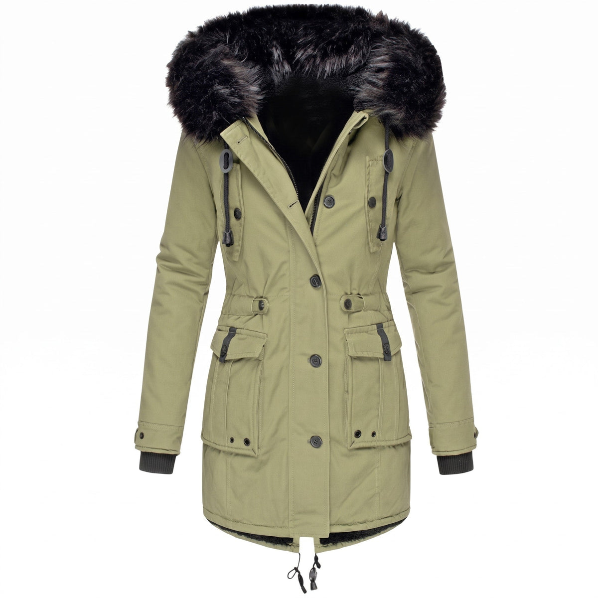 Sophie - Women's Faux Fur Hood Parka Jacket with Drawstring Waist - Coats & Jackets - Green - Sarvento