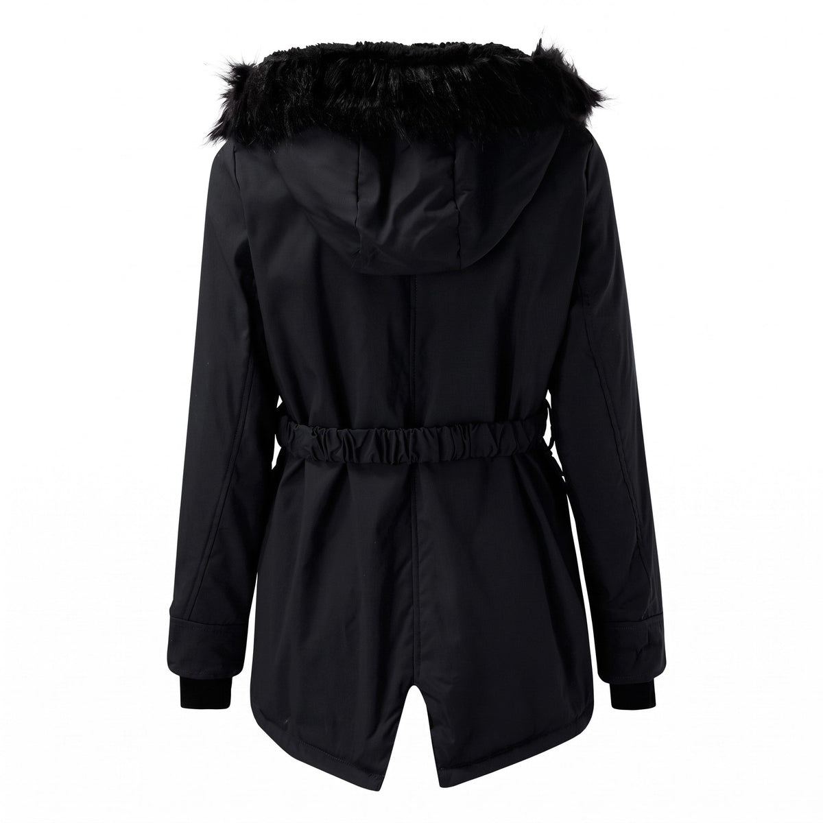 Sophie - Women's Faux Fur Hood Parka Jacket with Drawstring Waist - Coats & Jackets - Black - Sarvento