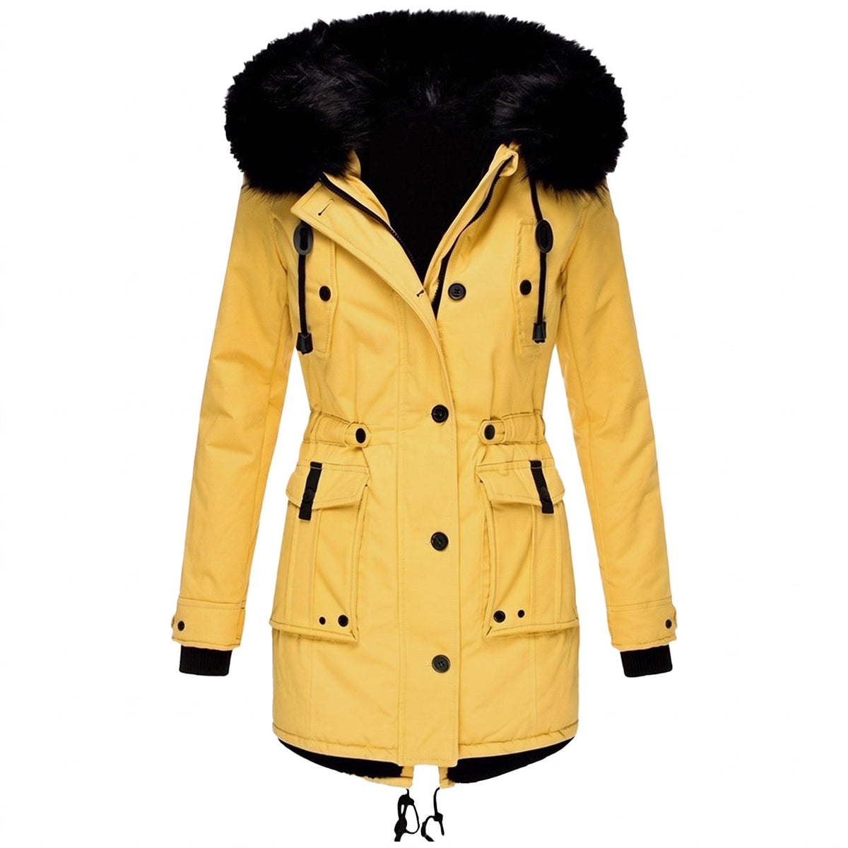 Sophie - Women's Faux Fur Hood Parka Jacket with Drawstring Waist - Coats & Jackets - Yellow - Sarvento