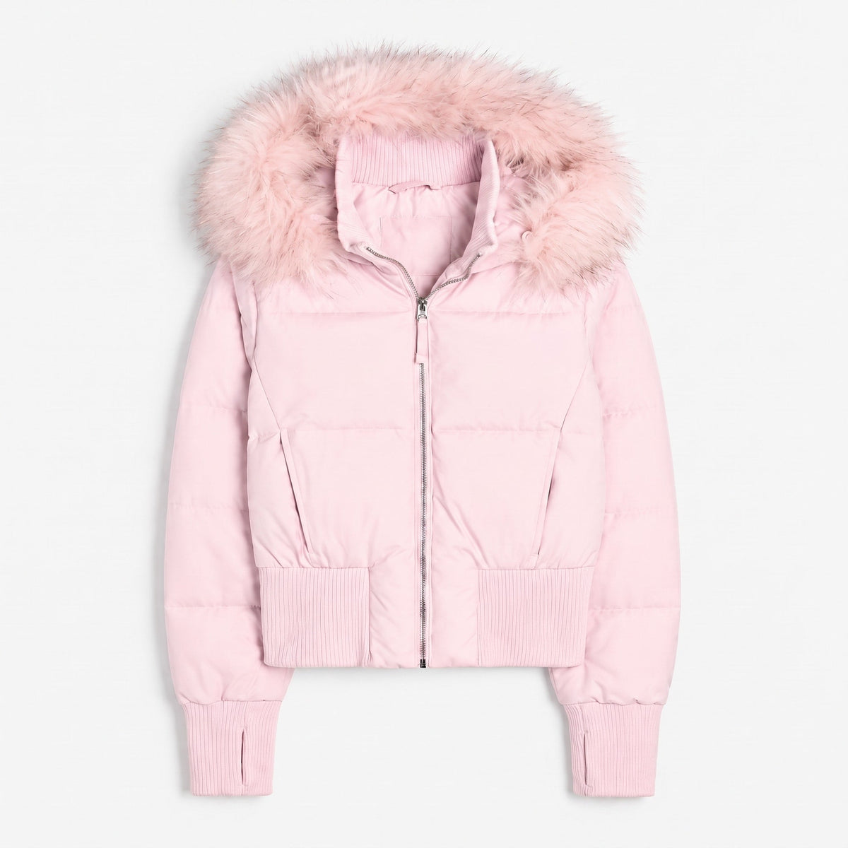 Sophie - Women's Faux Fur Hooded Cropped Puffer Jacket with Ribbed Cuffs - Puffer Jacket - Pink - Sarvento
