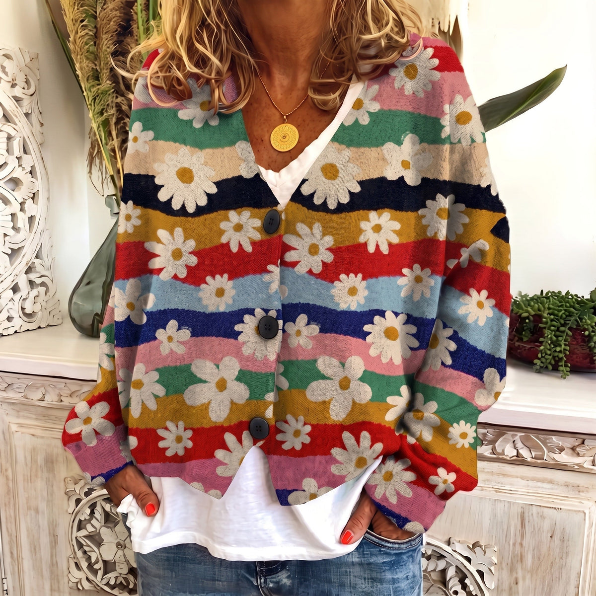 Sophie - Women's Floral Print Button-Front Cardigan - Cardigans - Beige - Sarvento