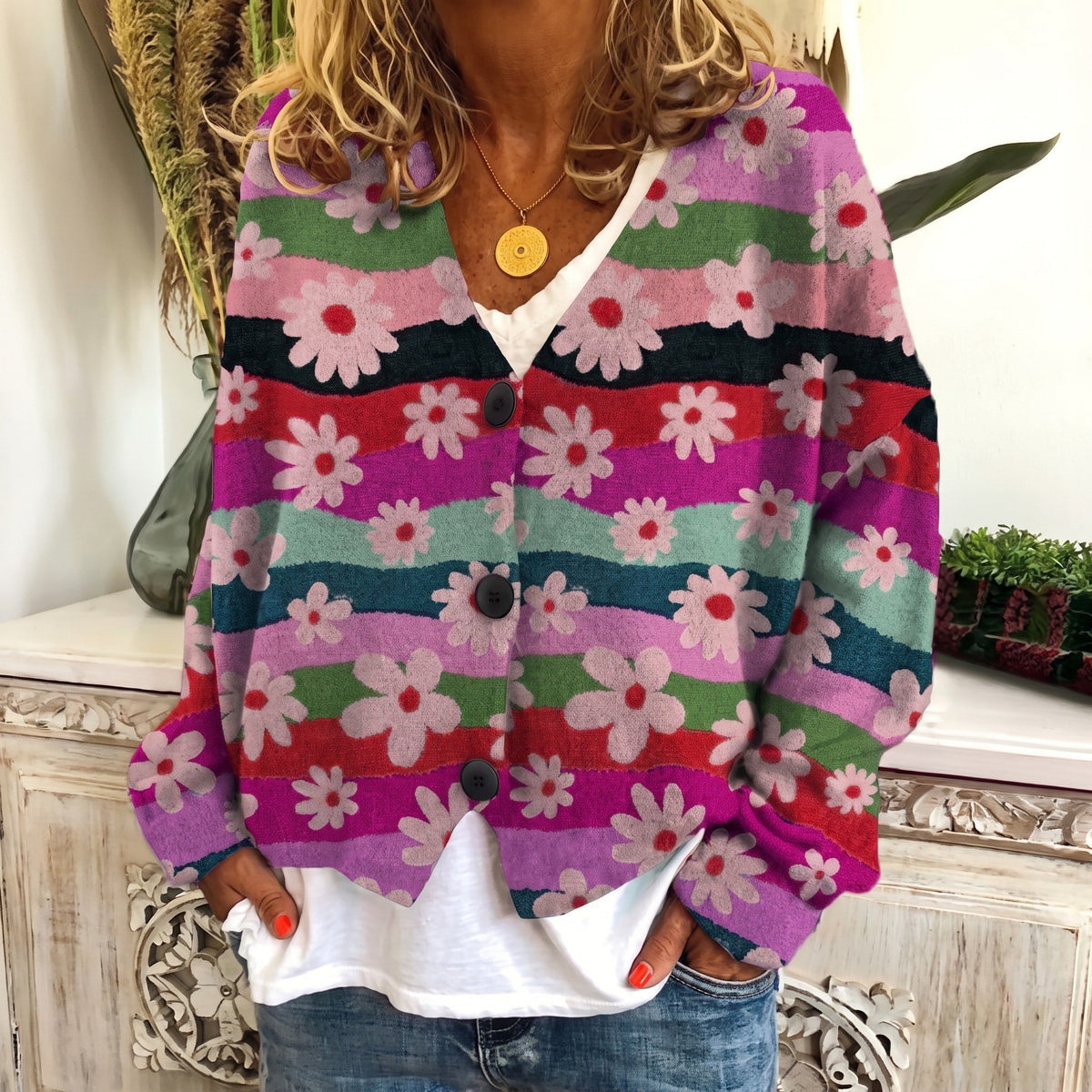 Sophie - Women's Floral Print Button-Front Cardigan - Cardigans - Pink - Parker&Brooks
