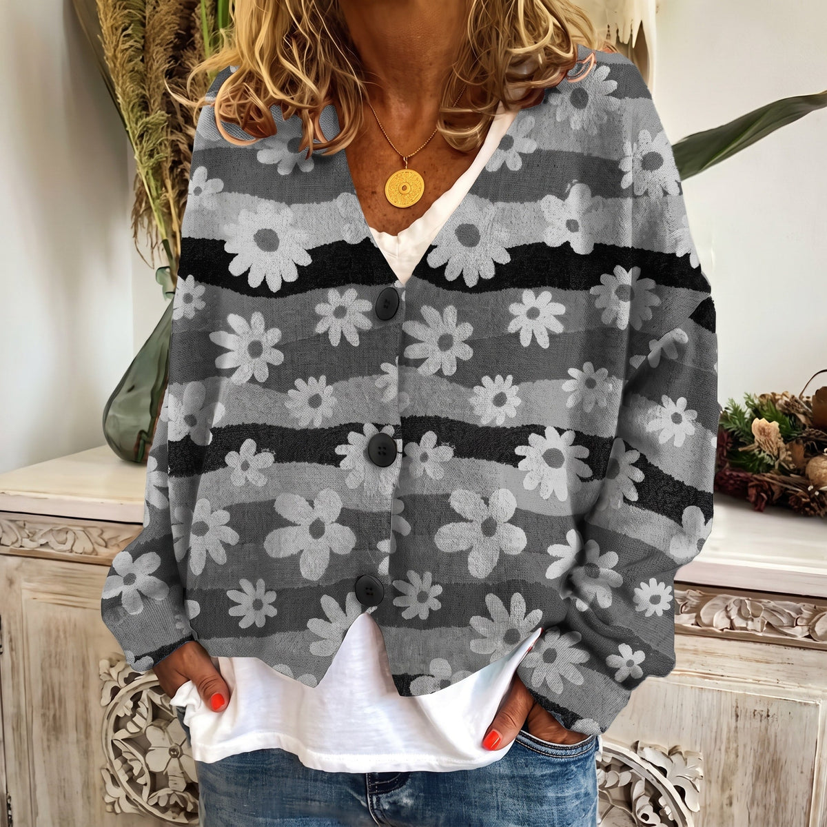 Sophie - Women's Floral Print Button-Front Cardigan - Cardigans - Gray - Parker&Brooks