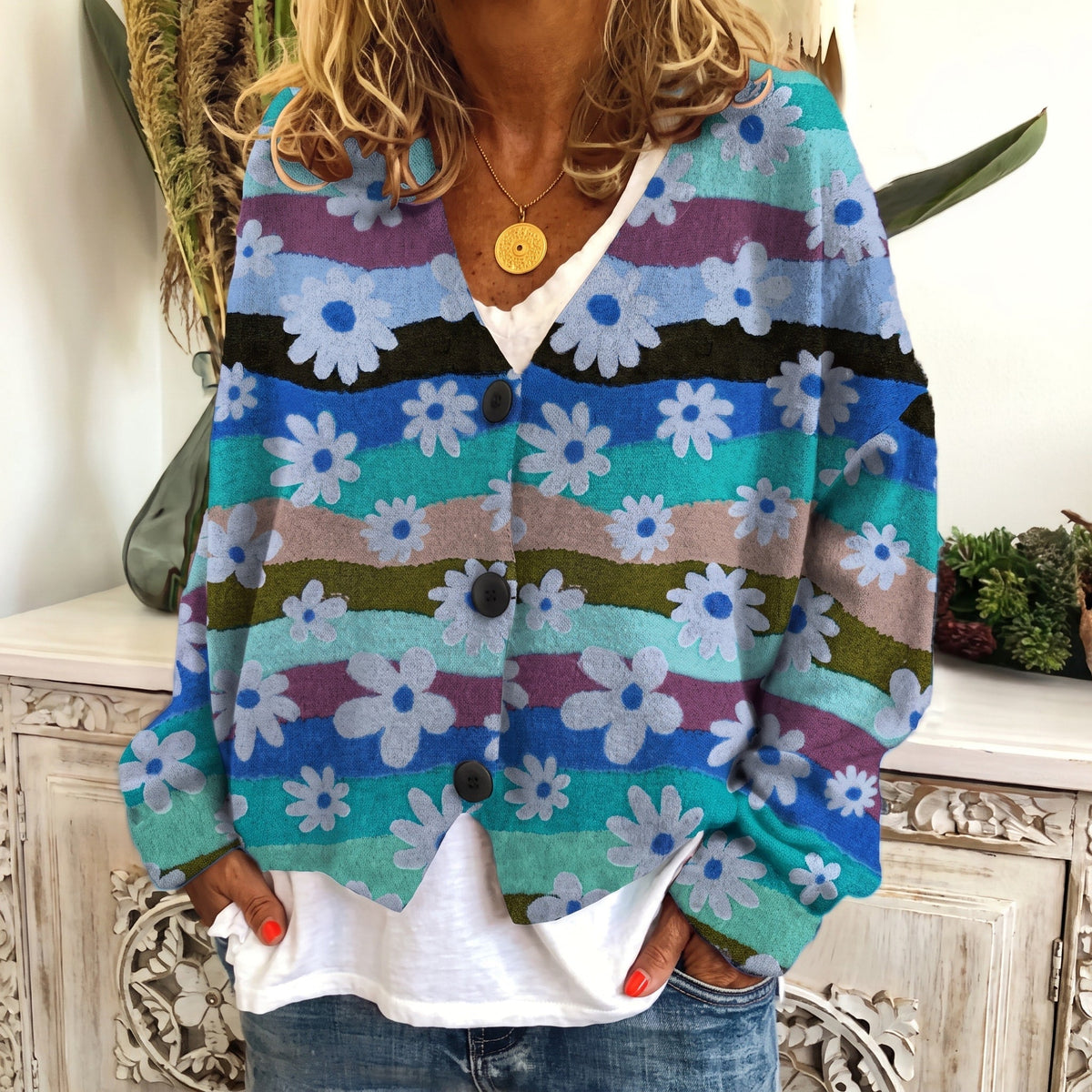 Sophie - Women's Floral Print Button-Front Cardigan - Cardigans - Blue - Parker&Brooks