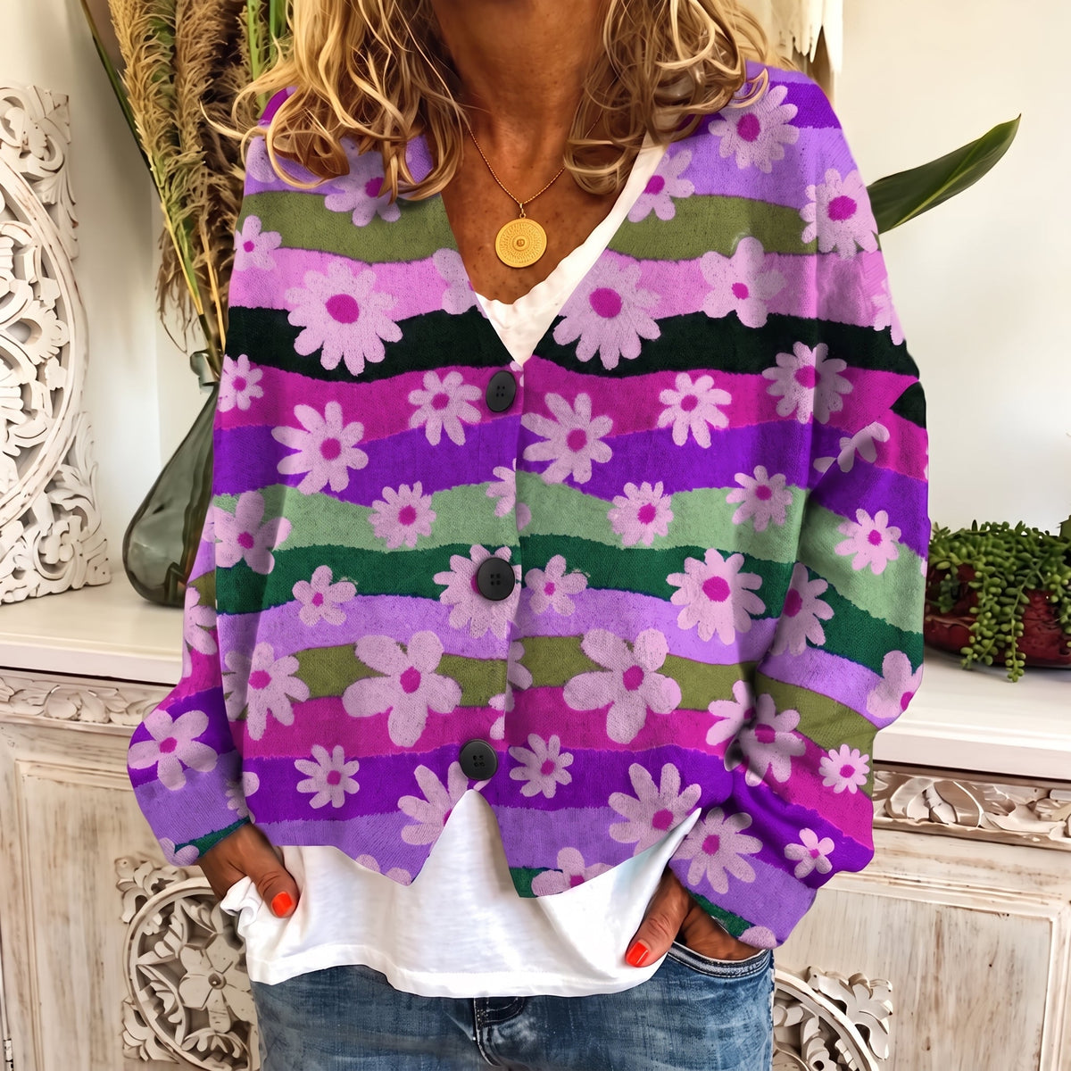 Sophie - Women's Floral Print Button-Front Cardigan - Cardigans - Purple - Parker&Brooks