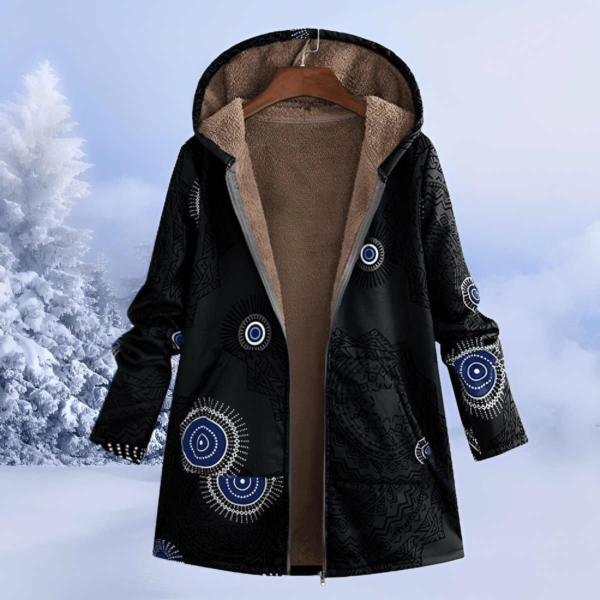 Sophie - Women's Floral Print Longline Hooded Coat - Parka Jackets - Black - Parker&Brooks