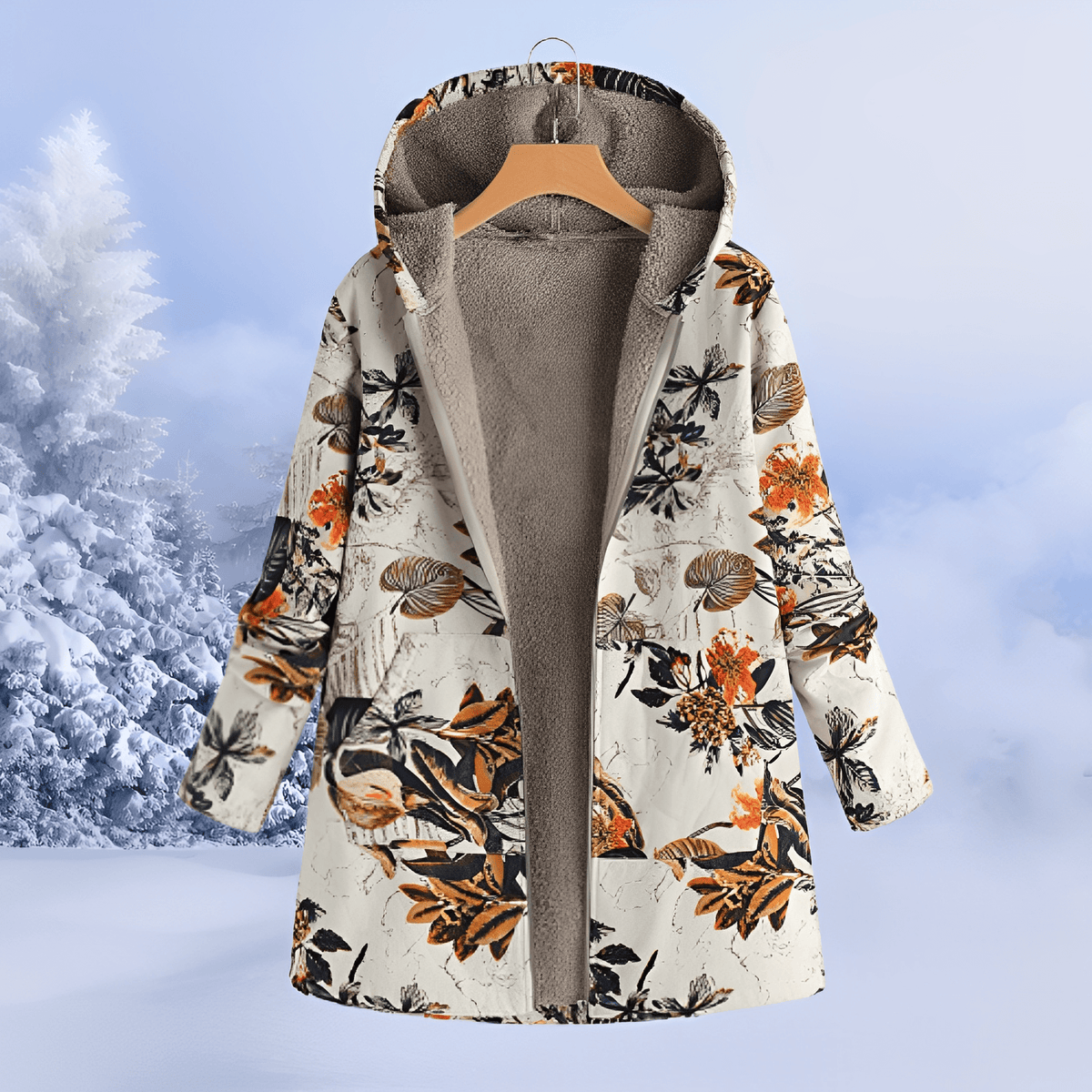 Sophie - Women's Floral Print Longline Hooded Coat - Parka Jackets - Orange - Parker&Brooks
