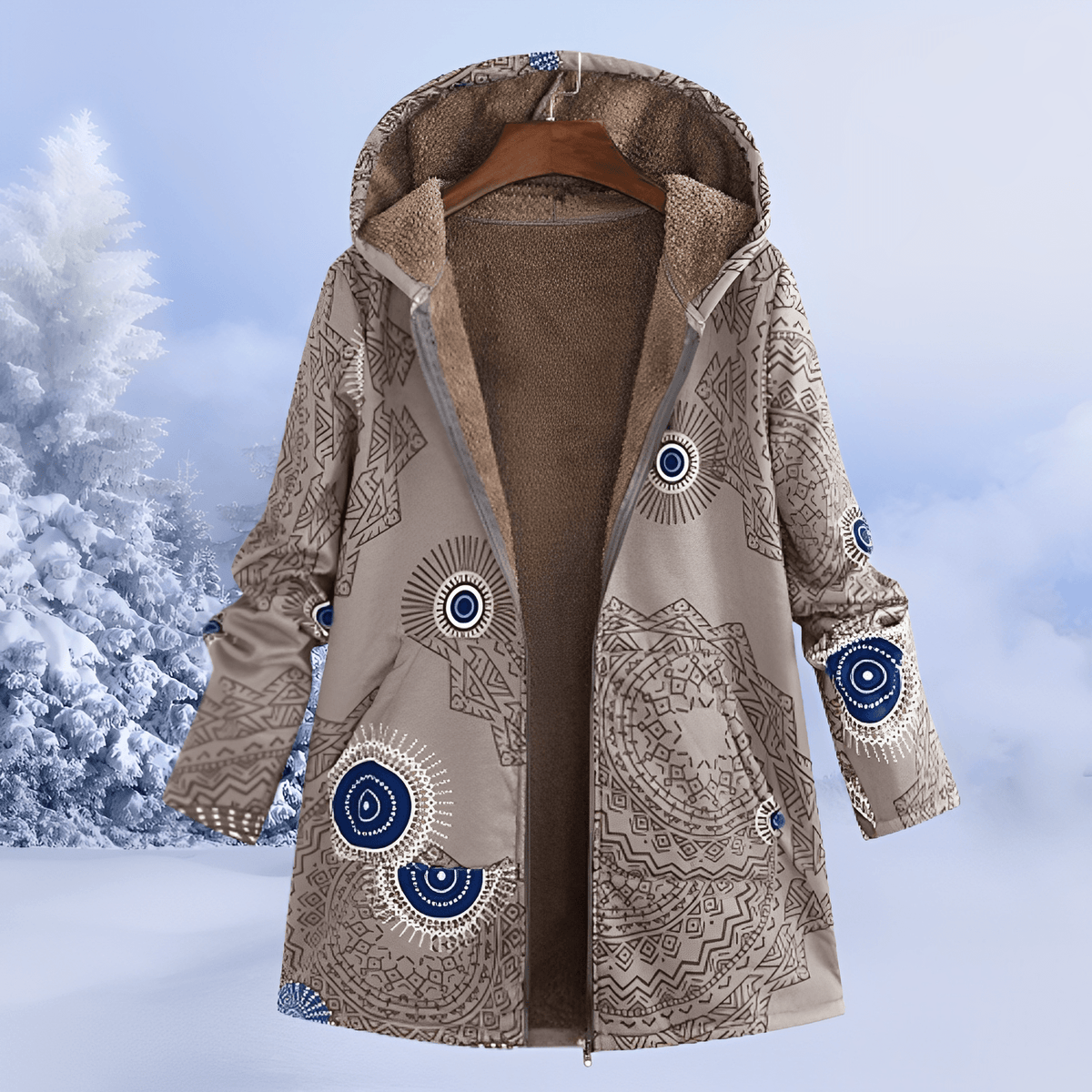 Sophie - Women's Floral Print Longline Hooded Coat - Parka Jackets - Khaki - Parker&Brooks