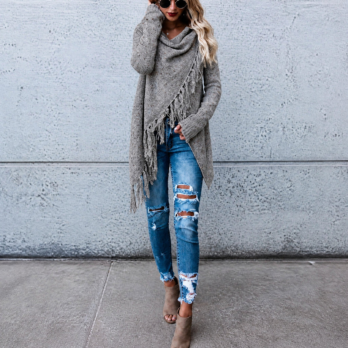 Sophie - Women's Fringe Waterfall Cardigan with Asymmetric Hem - Cardigans - Gray - Parker&Brooks
