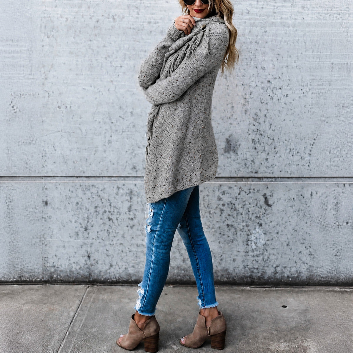 Sophie - Women's Fringe Waterfall Cardigan with Asymmetric Hem - Cardigans - Gray - Parker&Brooks