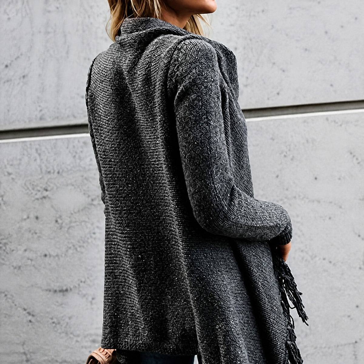 Sophie - Women's Fringe Waterfall Cardigan with Asymmetric Hem - Cardigans - Black - Parker&Brooks