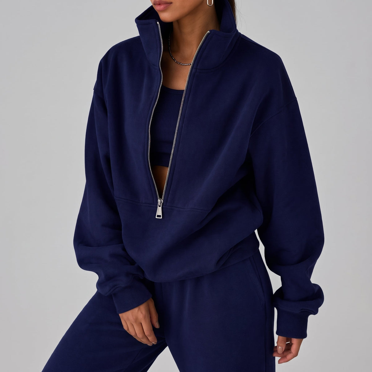 Sophie – Women’s Half-Zip Cropped Sweatshirt and Jogger Set - Loungewear Sets - Navy Blue - Sarvento