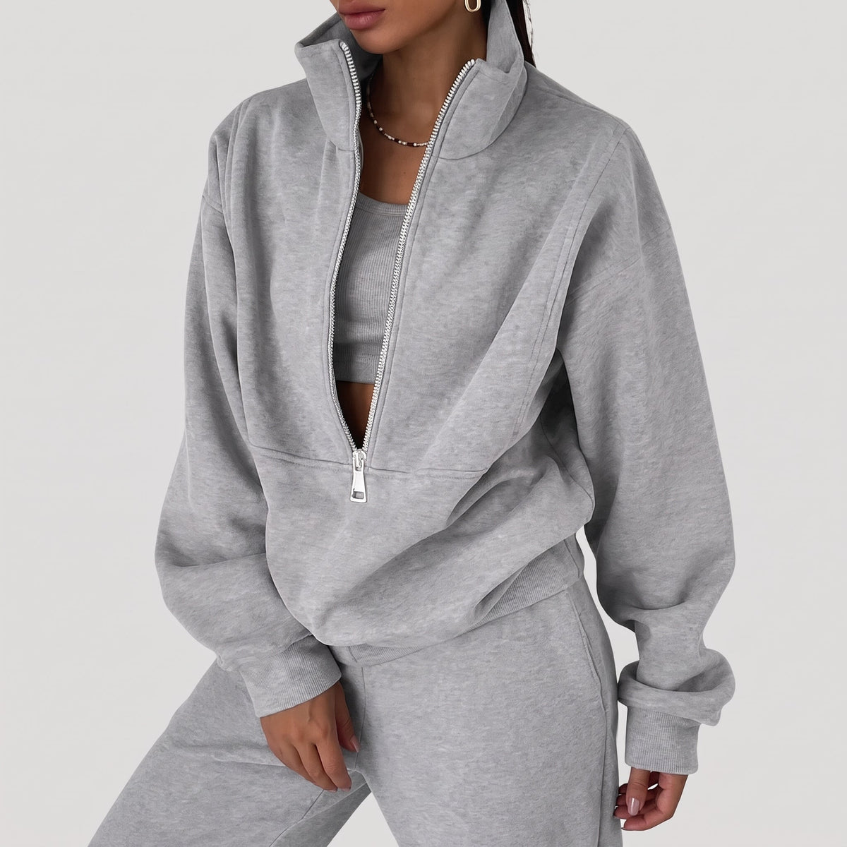 Sophie – Women’s Half-Zip Cropped Sweatshirt and Jogger Set - Loungewear Sets - Gray - Sarvento