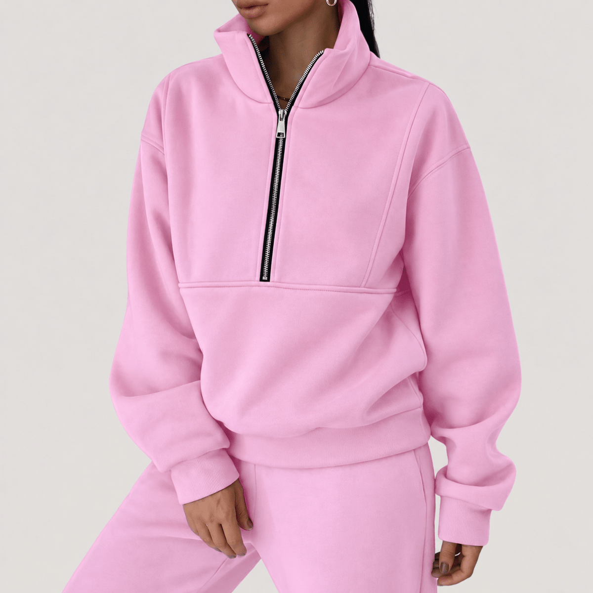 Sophie – Women’s Half-Zip Cropped Sweatshirt and Jogger Set - Loungewear Sets - Pink - Sarvento
