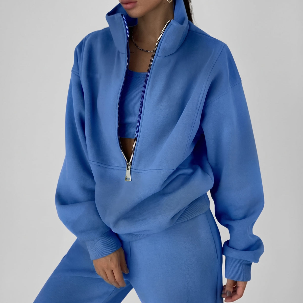 Sophie – Women’s Half-Zip Cropped Sweatshirt and Jogger Set - Loungewear Sets - Blue - Sarvento