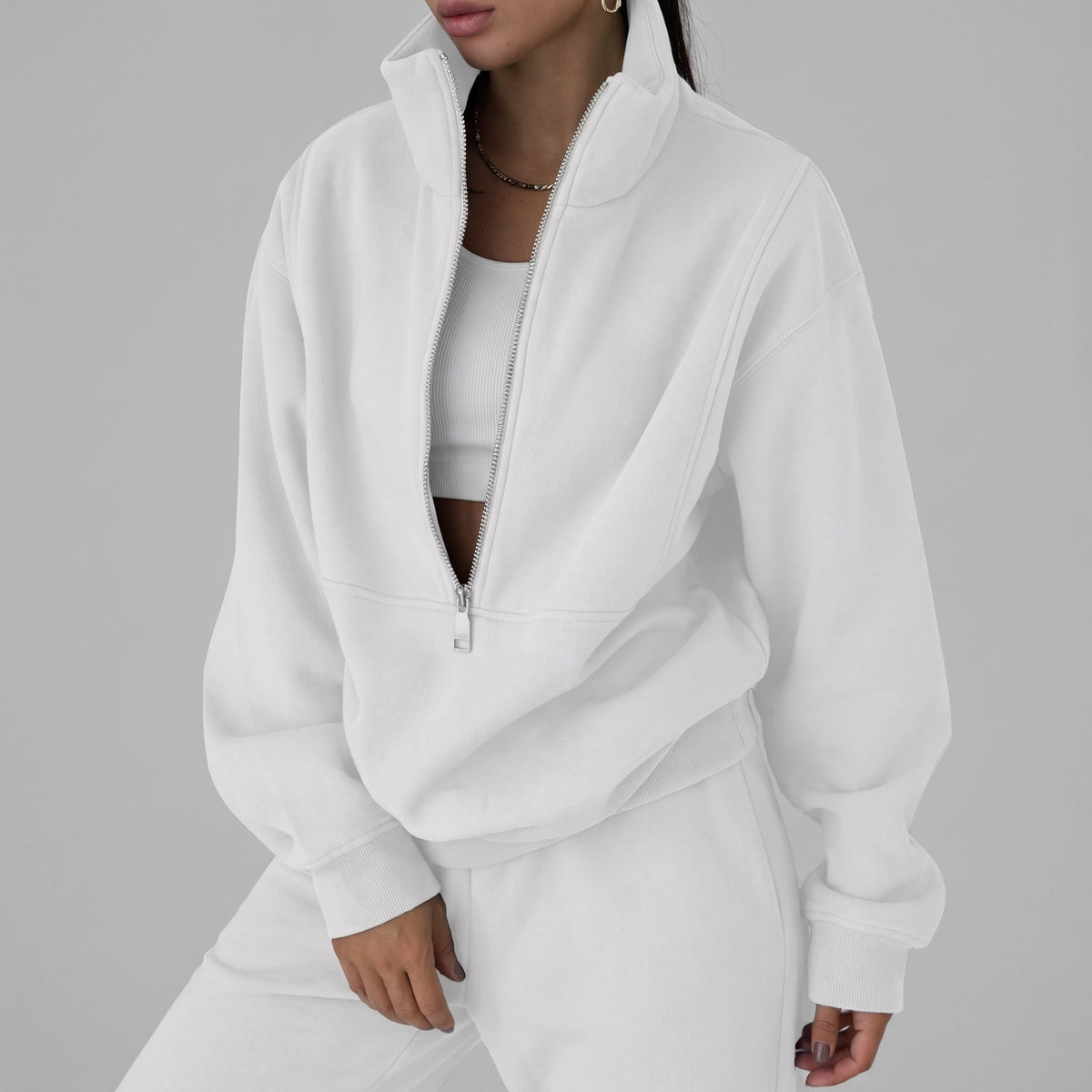Sophie – Women’s Half-Zip Cropped Sweatshirt and Jogger Set - Loungewear Sets - White - Sarvento