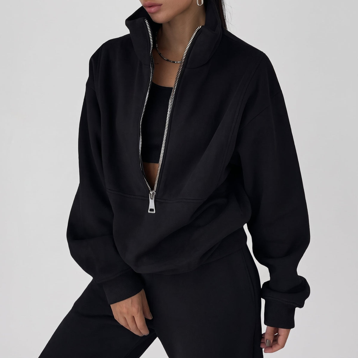 Sophie – Women’s Half-Zip Cropped Sweatshirt and Jogger Set - Loungewear Sets - Black - Sarvento