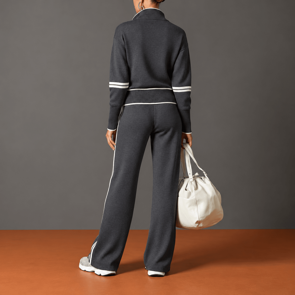 Sophie – Women’s Half-Zip Sweater Lounge Set with Striped Trim and Wide-Leg Pants - Loungewear Sets - Dark Gray - Sarvento