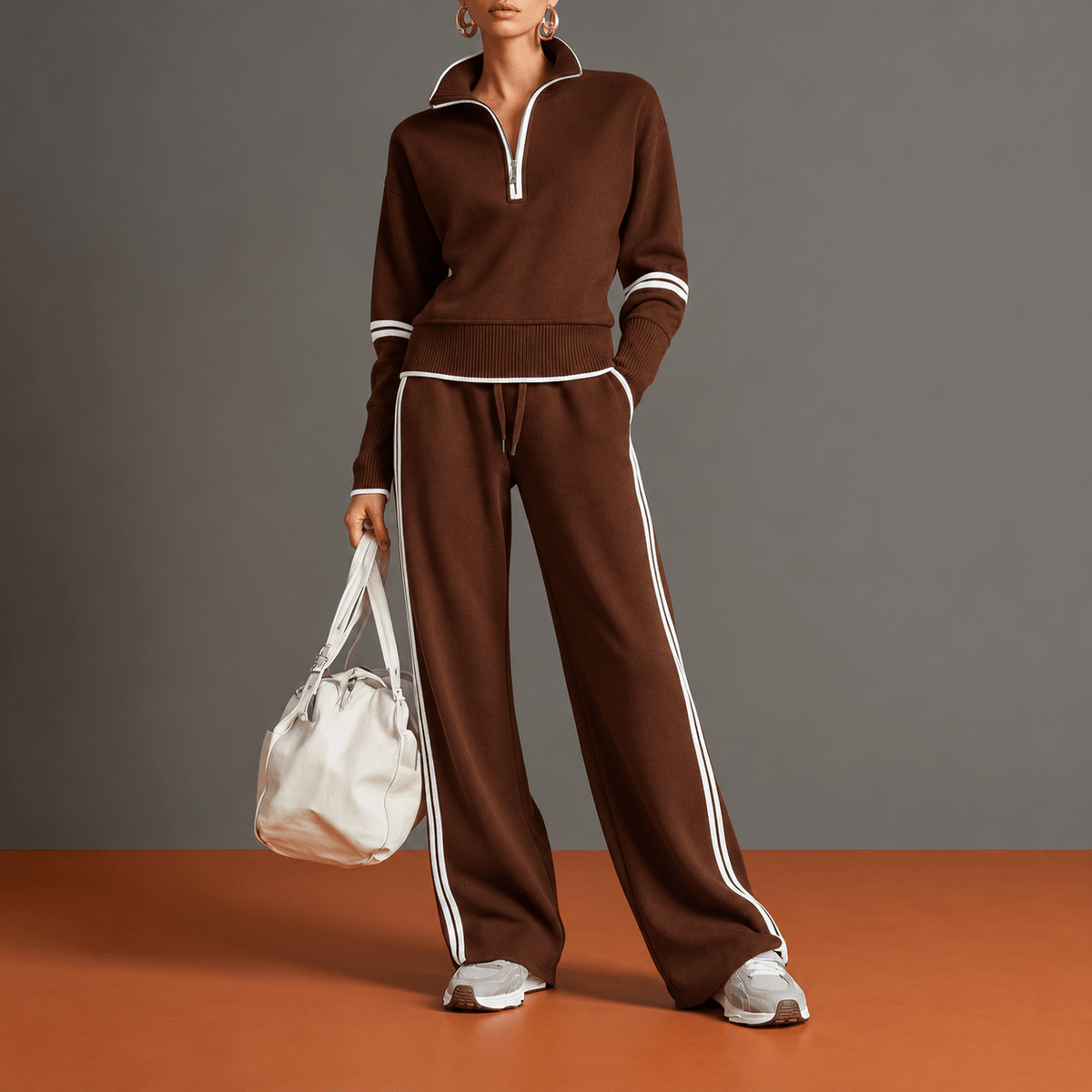 Sophie – Women’s Half-Zip Sweater Lounge Set with Striped Trim and Wide-Leg Pants - Loungewear Sets - Brown - Sarvento