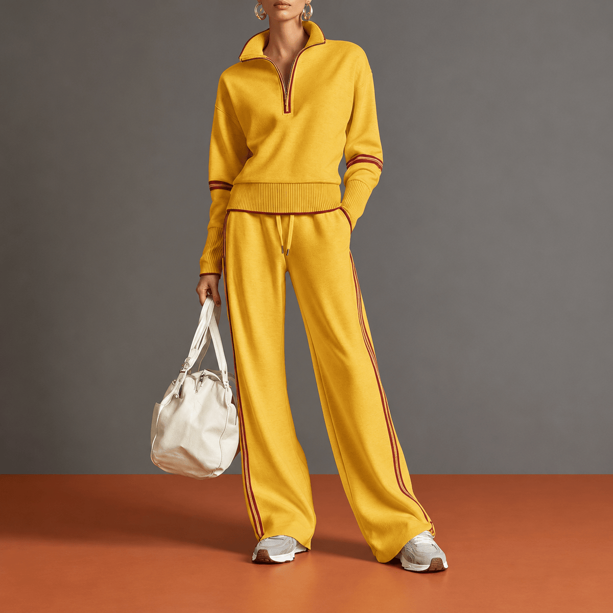Sophie – Women’s Half-Zip Sweater Lounge Set with Striped Trim and Wide-Leg Pants - Loungewear Sets - Yellow - Sarvento