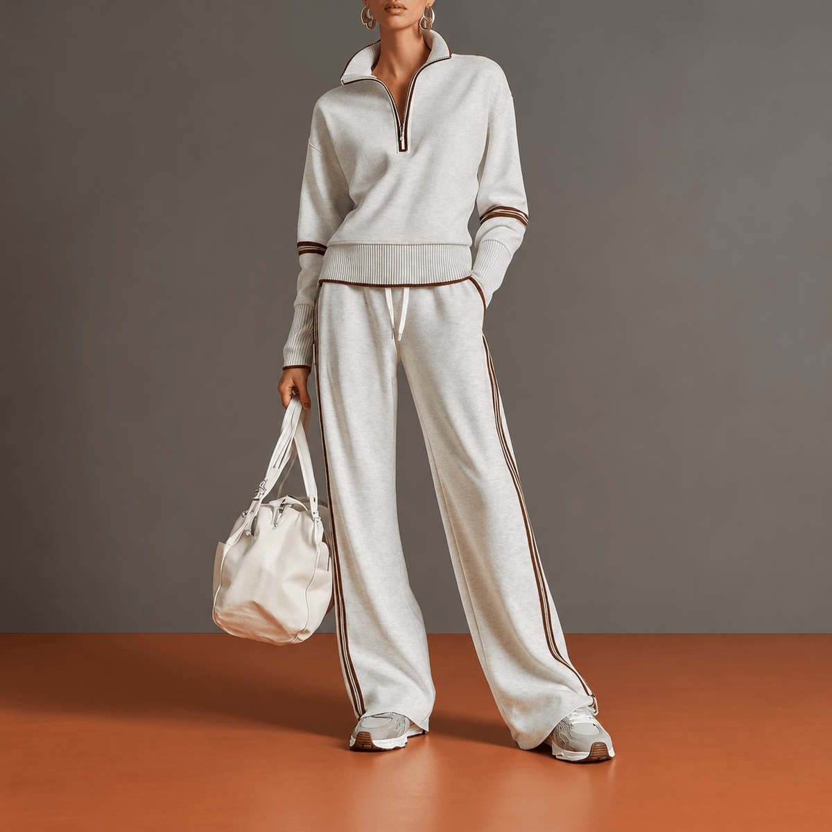 Sophie – Women’s Half-Zip Sweater Lounge Set with Striped Trim and Wide-Leg Pants - Loungewear Sets - Gray - Sarvento