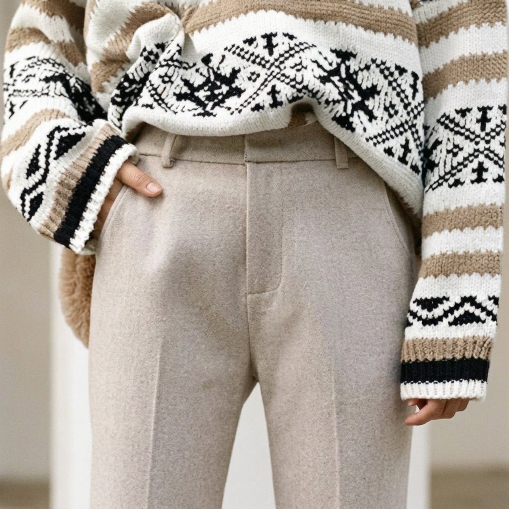Sophie – Women’s Herringbone Straight Leg Tailored Trousers with Slanted Pockets - Trousers - Cream - Sarvento