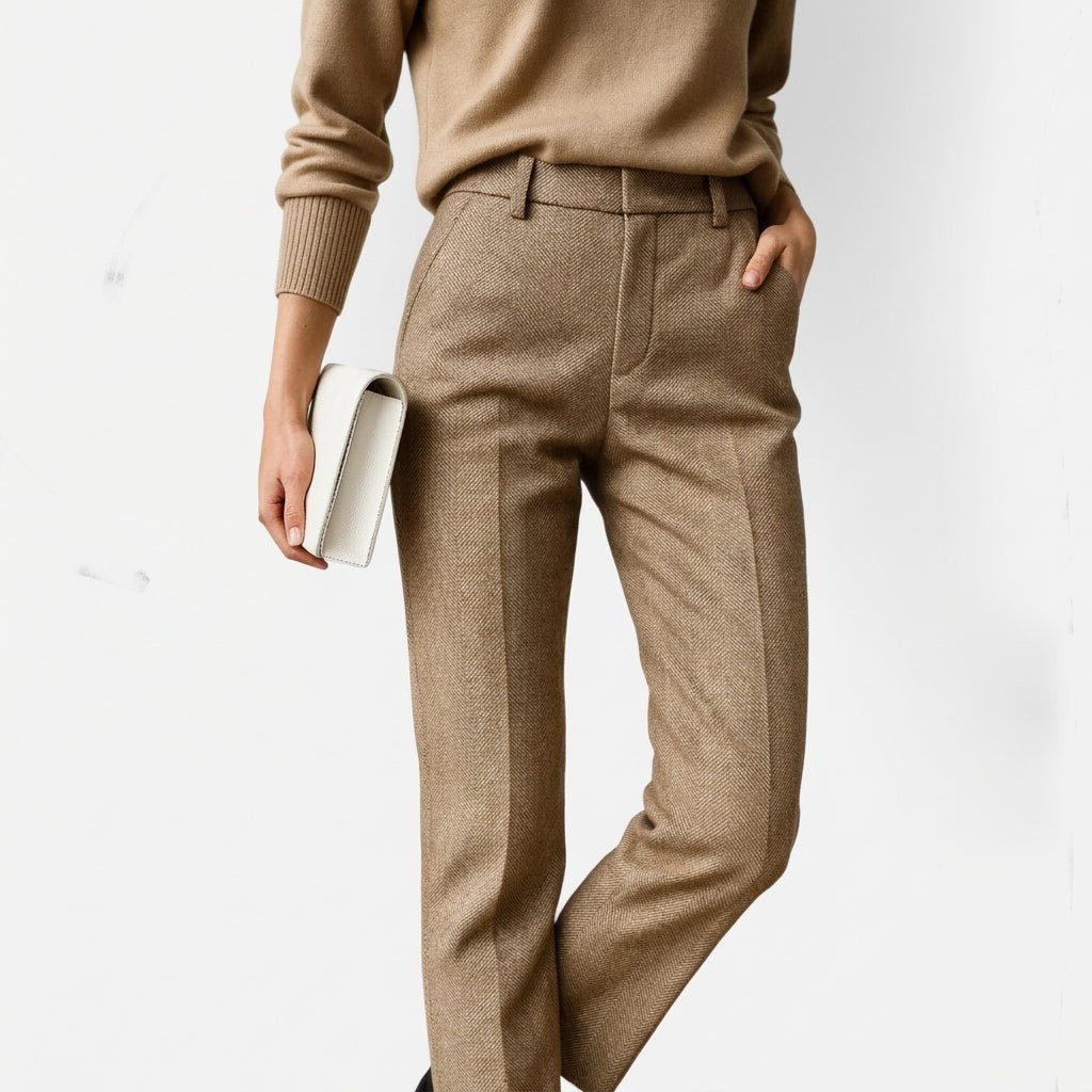 Sophie – Women’s Herringbone Straight Leg Tailored Trousers with Slanted Pockets - Trousers - Brown - Sarvento