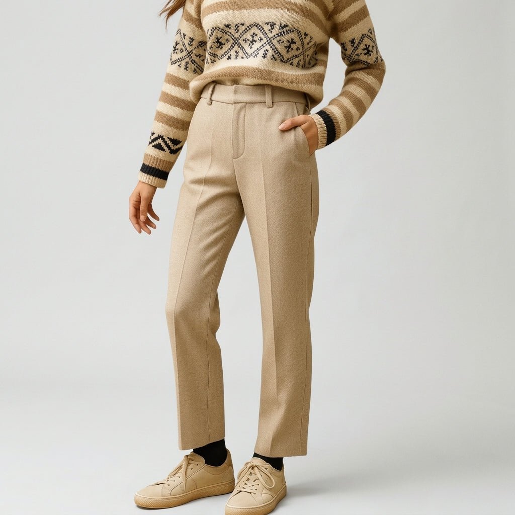 Sophie – Women’s Herringbone Straight Leg Tailored Trousers with Slanted Pockets - Trousers - Cream - Sarvento