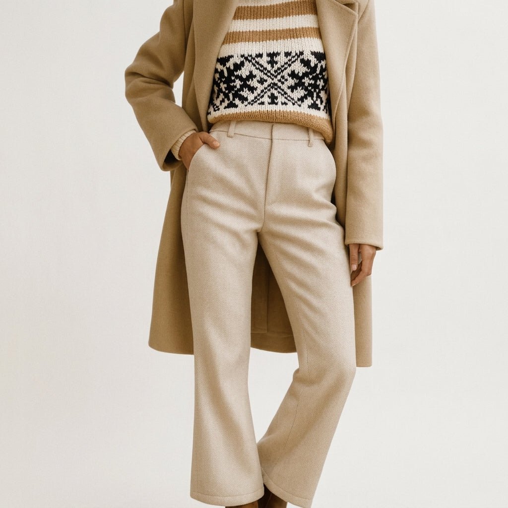 Sophie – Women’s Herringbone Straight Leg Tailored Trousers with Slanted Pockets - Trousers - Cream - Sarvento