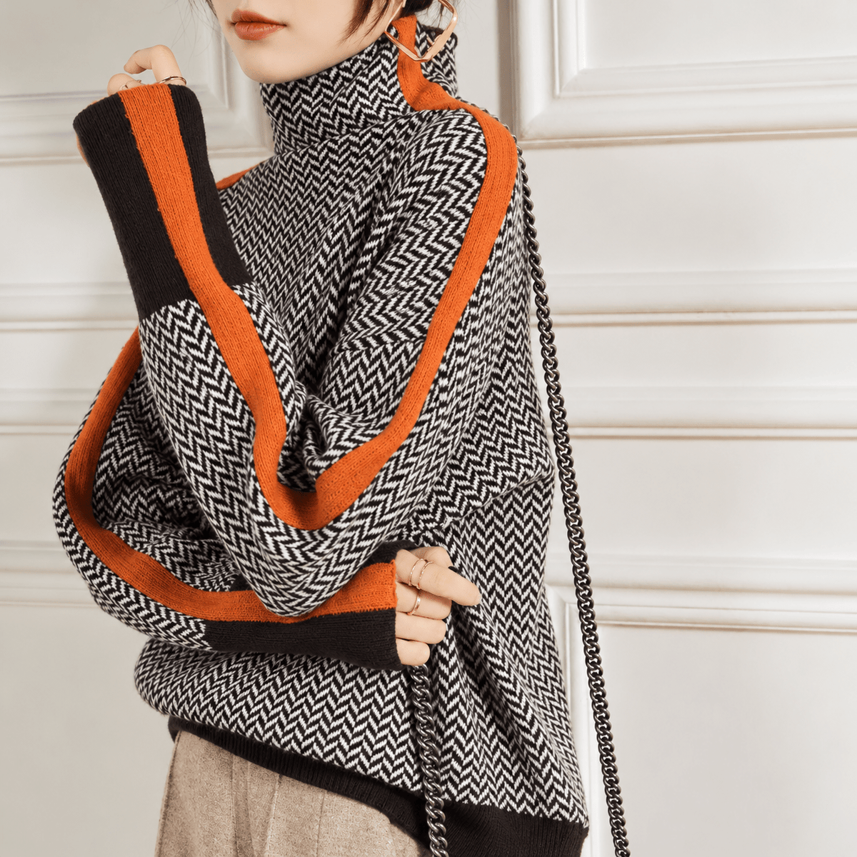 Sophie – Women’s Herringbone Turtleneck Sweater with Contrast Stripes - Sweater - Orange - Sarvento