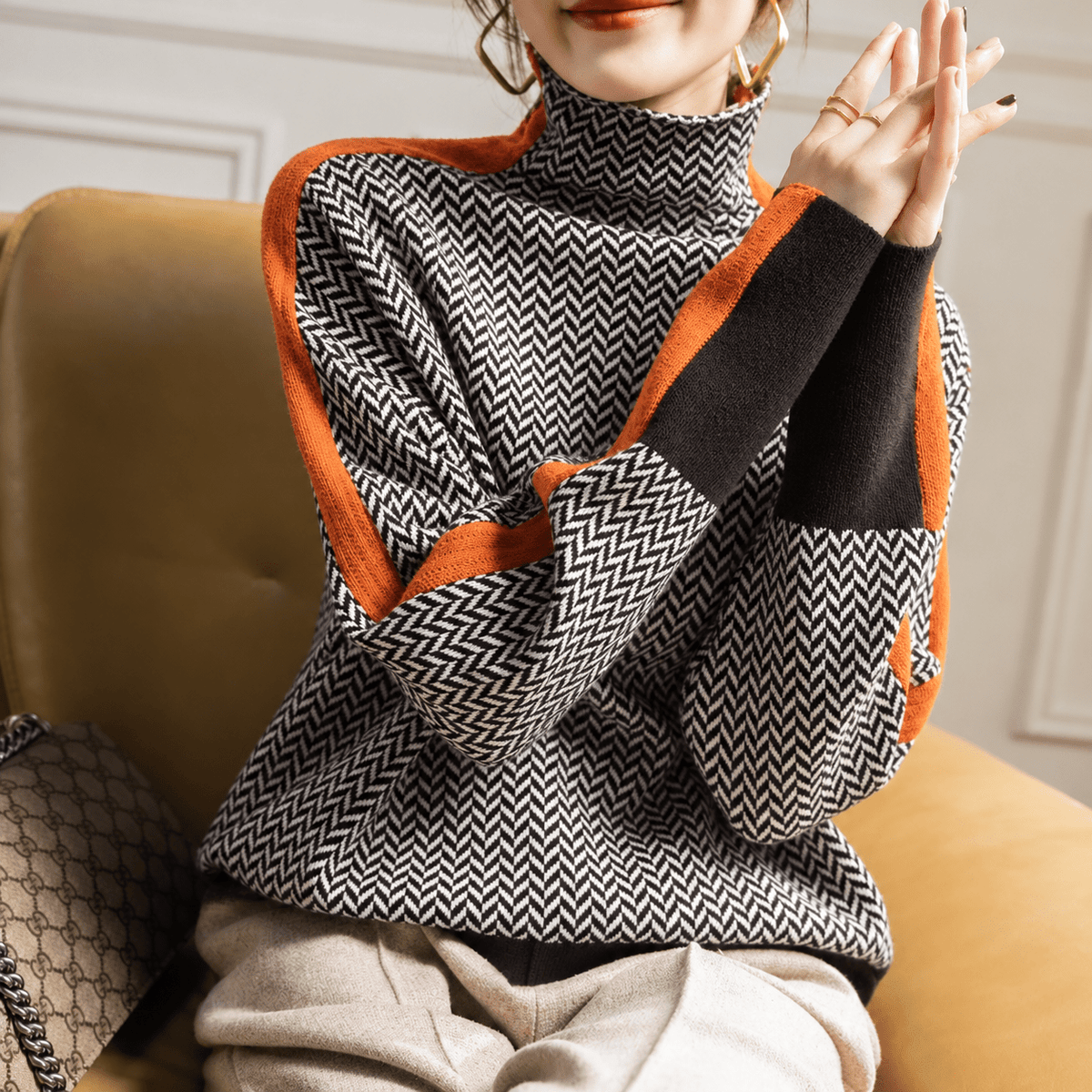 Sophie – Women’s Herringbone Turtleneck Sweater with Contrast Stripes - Sweater - Orange - Sarvento