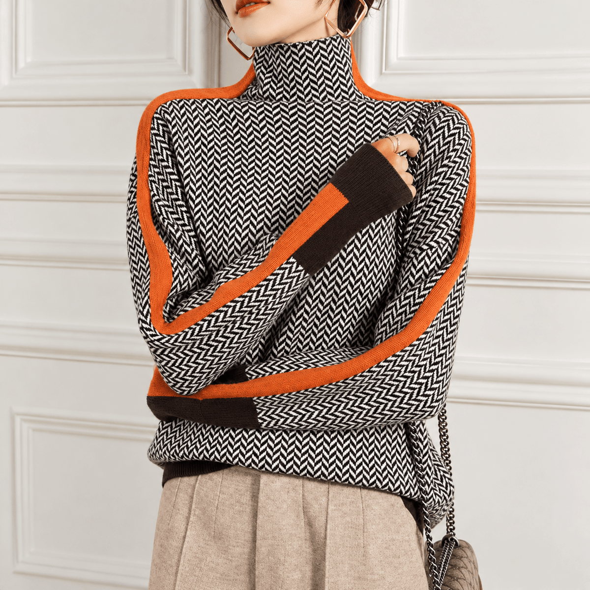 Sophie – Women’s Herringbone Turtleneck Sweater with Contrast Stripes - Sweater - Orange - Sarvento