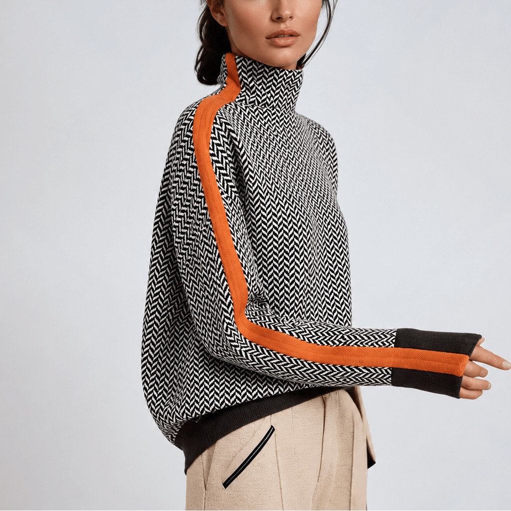 Sophie – Women’s Herringbone Turtleneck Sweater with Contrast Stripes - Sweater - Orange - Sarvento