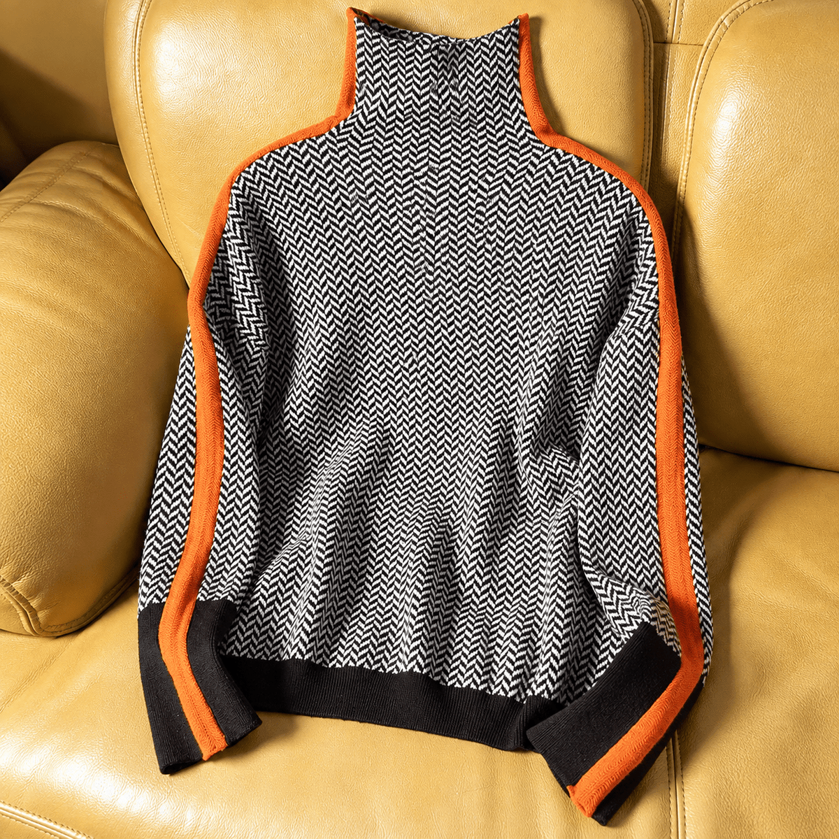 Sophie – Women’s Herringbone Turtleneck Sweater with Contrast Stripes - Sweater - Orange - Sarvento