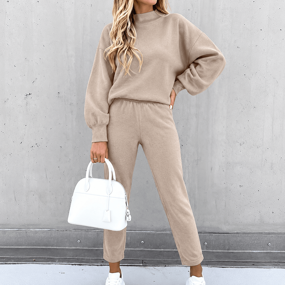 Sophie - Women's High-Waisted Mock Neck Balloon Sleeve Two-Piece Lounge Set - Loungewear Sets - Khaki - Sarvento
