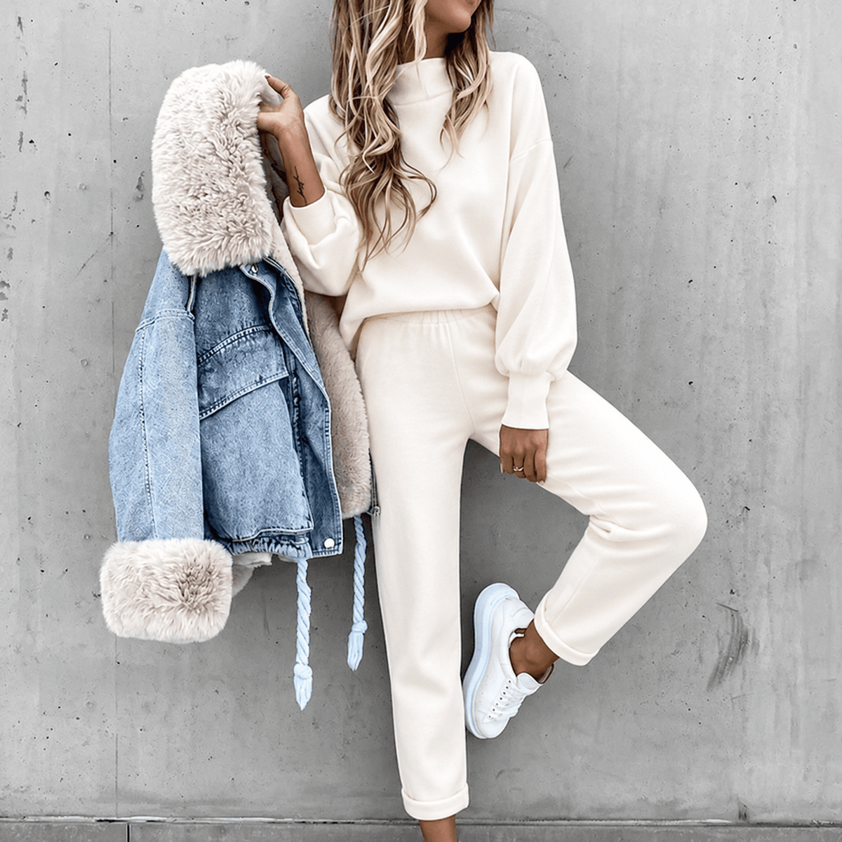 Sophie - Women's High-Waisted Mock Neck Balloon Sleeve Two-Piece Lounge Set - Loungewear Sets - White - Sarvento