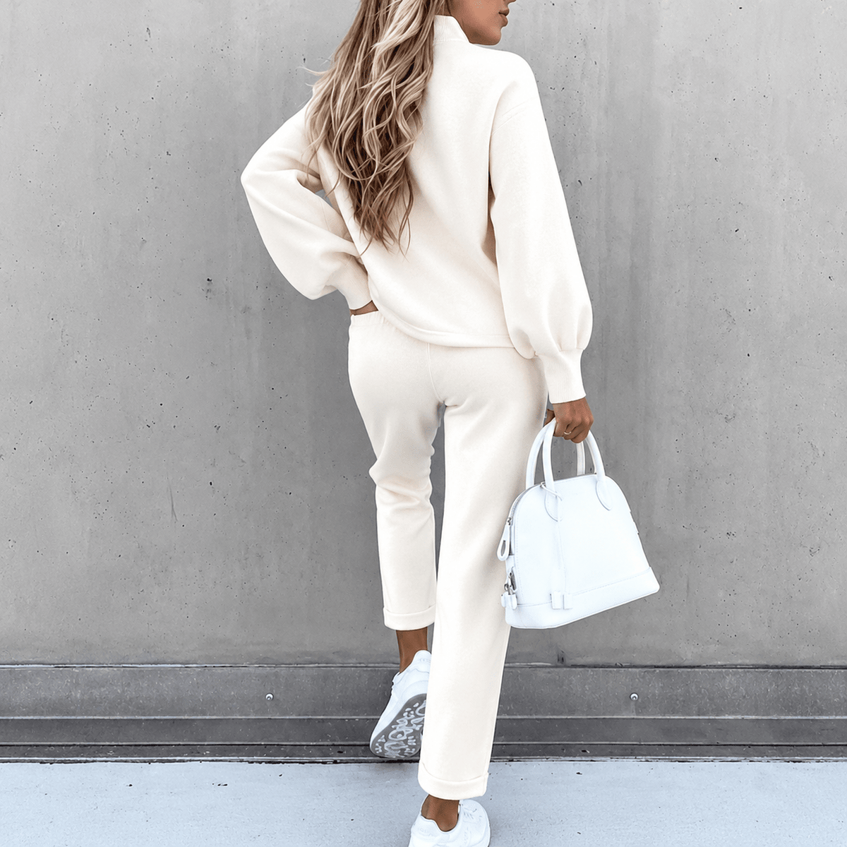 Sophie - Women's High-Waisted Mock Neck Balloon Sleeve Two-Piece Lounge Set - Loungewear Sets - White - Sarvento