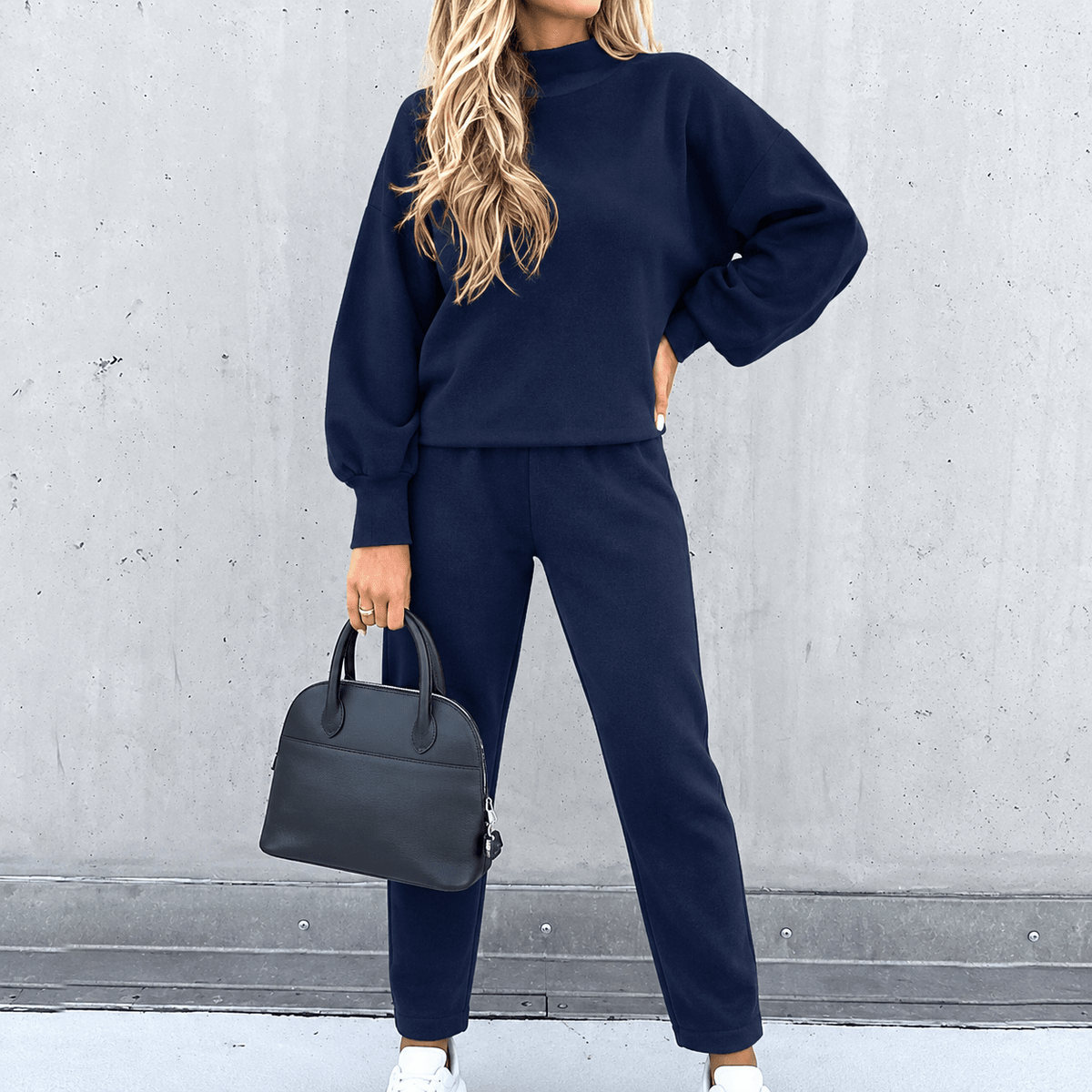Sophie - Women's High-Waisted Mock Neck Balloon Sleeve Two-Piece Lounge Set - Loungewear Sets - Blue - Sarvento