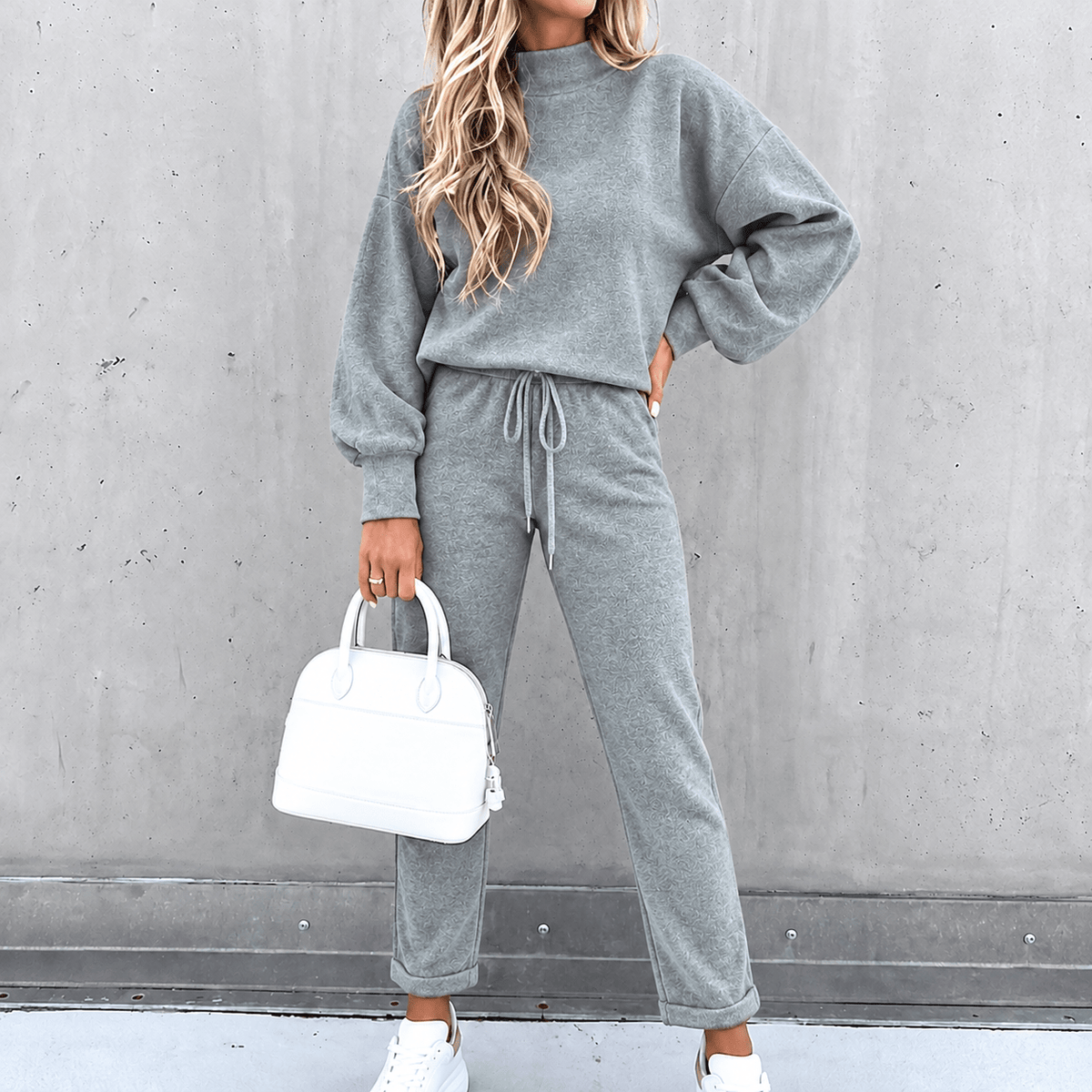 Sophie - Women's High-Waisted Mock Neck Balloon Sleeve Two-Piece Lounge Set - Loungewear Sets - Grey - Sarvento