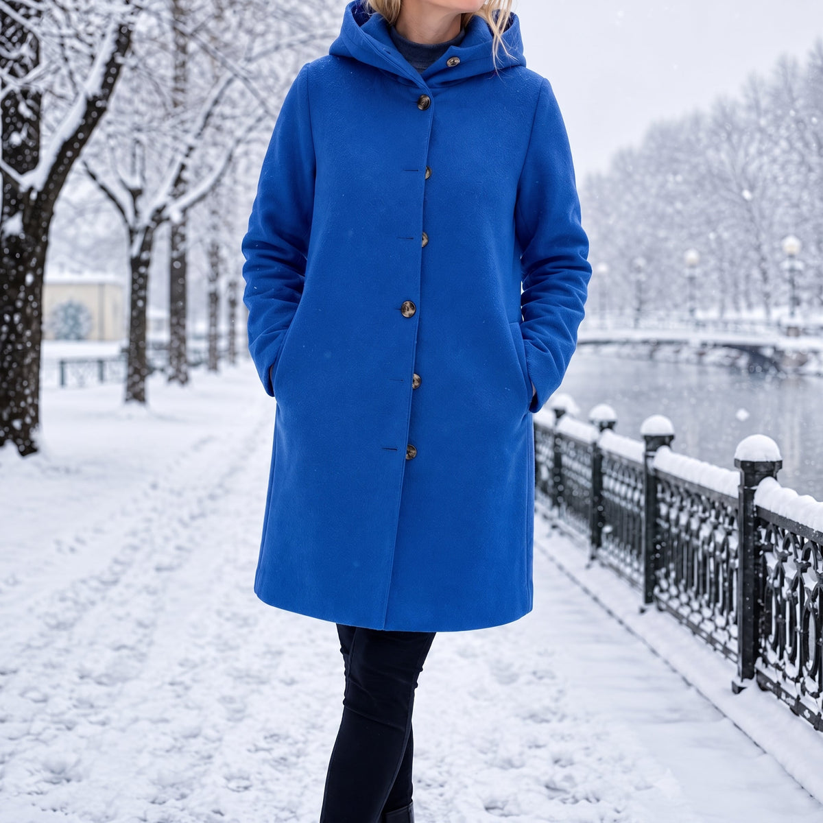 Sophie - Women's Hooded Longline Coat with Button Front - Overcoats - Blue - Parker&Brooks