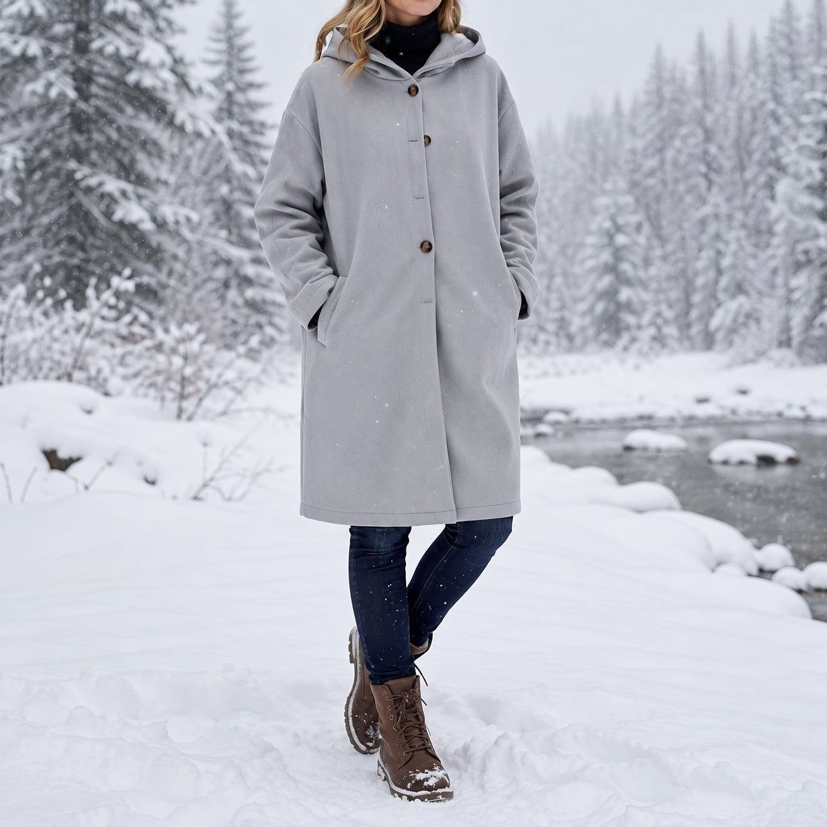 Sophie - Women's Hooded Longline Coat with Button Front - Overcoats - Gray - Parker&Brooks