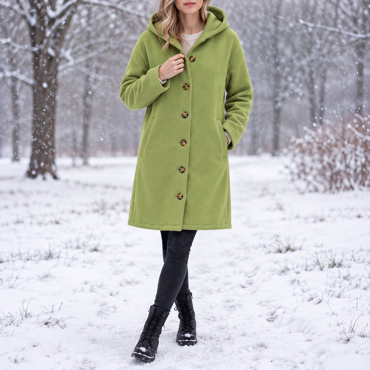 Sophie - Women's Hooded Longline Coat with Button Front - Overcoats - Green - Parker&Brooks