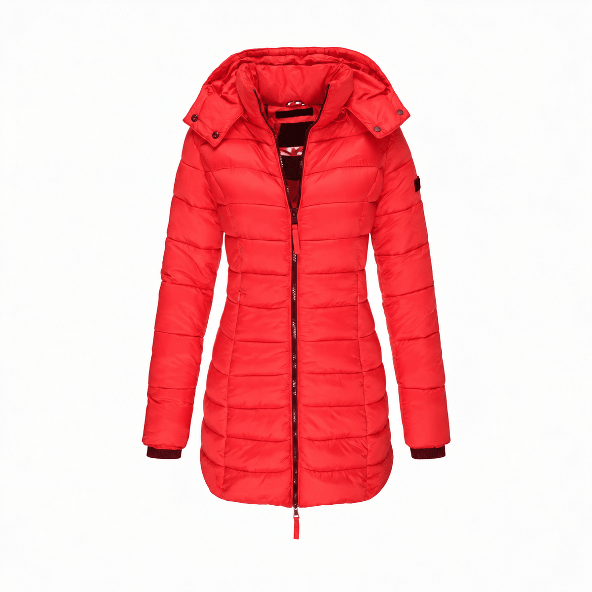 Sophie - Women's Hooded Longline Puffer Coat with Zip Closure - Coats & Jackets - Red - Sarvento