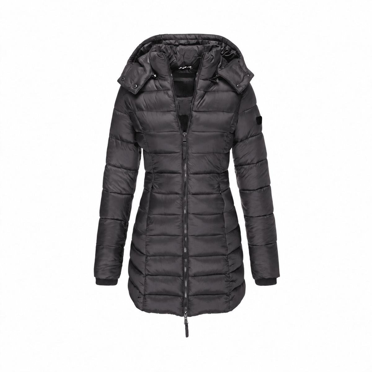 Sophie - Women's Hooded Longline Puffer Coat with Zip Closure - Coats & Jackets - Black - Sarvento