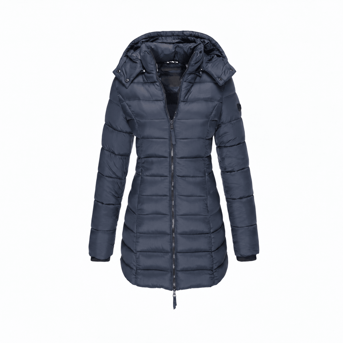 Sophie - Women's Hooded Longline Puffer Coat with Zip Closure - Coats & Jackets - Navy - Sarvento