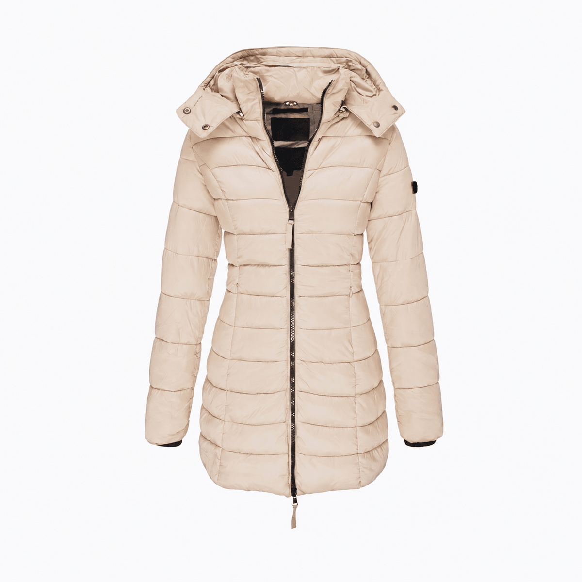 Sophie - Women's Hooded Longline Puffer Coat with Zip Closure - Coats & Jackets - Khaki - Sarvento