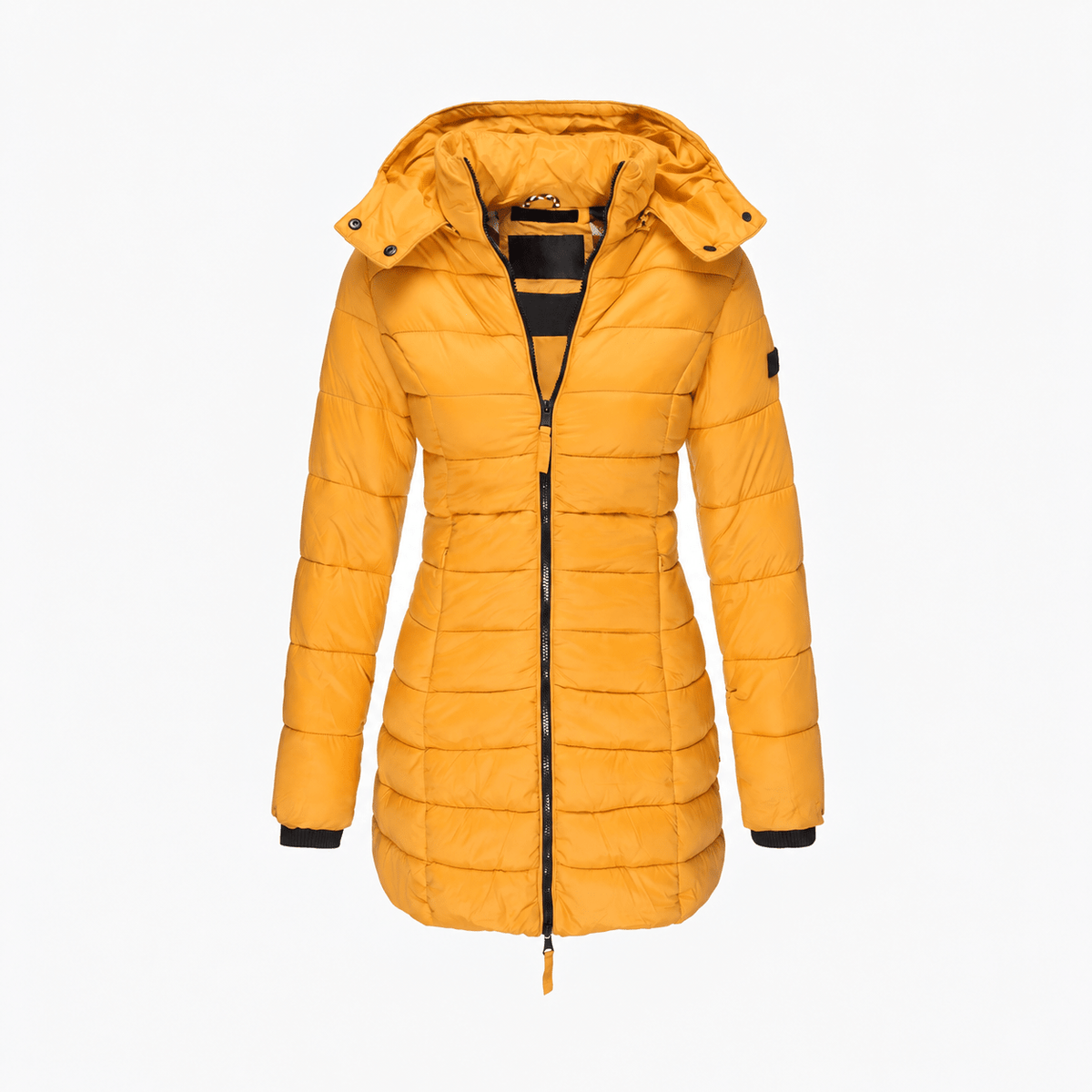 Sophie - Women's Hooded Longline Puffer Coat with Zip Closure - Coats & Jackets - Yellow - Sarvento
